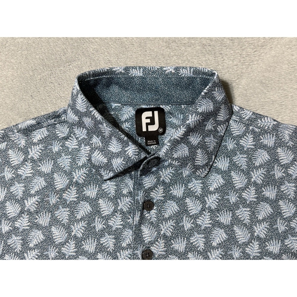 FootJoy Polo Shirt Mens Medium Blue Leaf Golf Performance AOP Preppy Resort